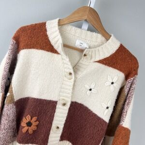 Luna Ivy Boho Cardigan Sweater Womens S Button Up Embroidered Flower